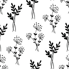 Pattern botanical summer and spring flowers and leaves. Black and white illustration. Vector.