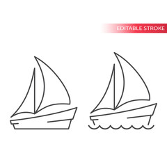 Boat or yacht thin line vector icon. Sail boat with sea waves simple outline symbol, editable stroke. 
