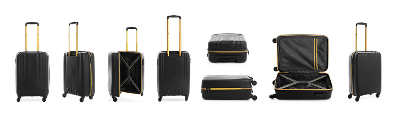 Set of black suitcases on white background. Banner design