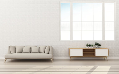 White wall and wood floor in living room.Comfort space with background. -3d rendering