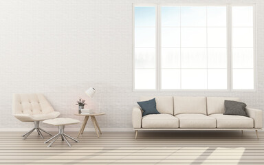 Brick wall and wood floor in living room.Common space with background. -3d rendering
