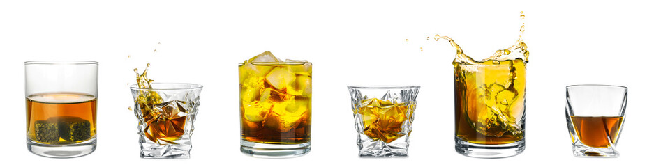 Collage with glasses of whiskey on white background. Banner design