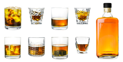 Collage with bottle and glasses of whiskey on white background. Banner design