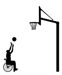 Basketball player in wheelchair vector silhouette isolated. Disabled sportsman competition. Recovery injured man sport activity play basket. Invalid person active life. Health care physical treatment