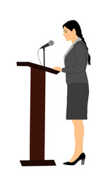 Elegant politician woman opening meeting election campaign vector isolated on white. Ceremony vote event. Public speaker standing on podium.  Business lady speaking to public. Talking on microphone