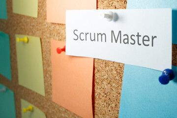 Scrum is written on a sheet of paper attached to a blackboard - obrazy, fototapety, plakaty