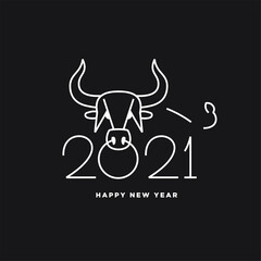 Image of a bull's head. Logo Simula 2021 the year of the metal bull. Black line art head bull simple logo for Hew Year. Black isolated background. Text lettering 2021 signs.
