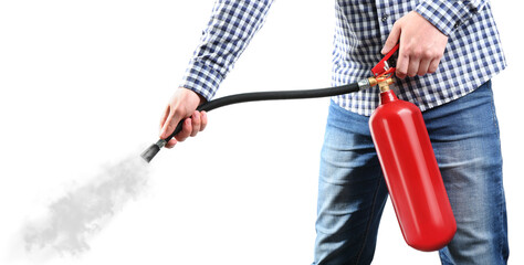 Man using fire extinguisher on white background, closeup