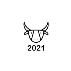 Image of a bull's head. Logo Simula 2021 the year of the metal bull. Black line art head bull simple logo for Hew Year. White isolated background.