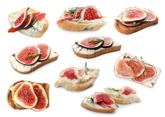 Set of toasted bread with fig slices on white background