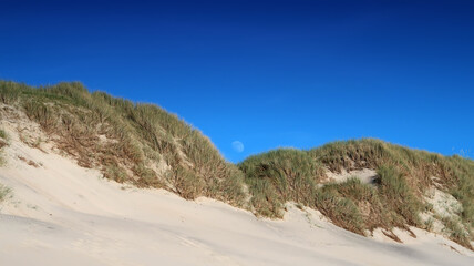 beautiful danish coastline with the moon between the dunes