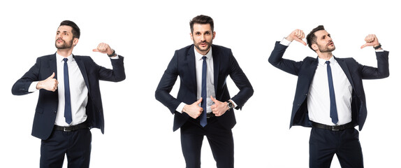 collage of arrogant businessman pointing with thumbs at himself isolated on white, sexism concept
