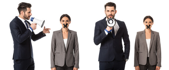 collage of bearded businessman in suit screaming in megaphone near businesswoman with scotch tape on mouth isolated on white