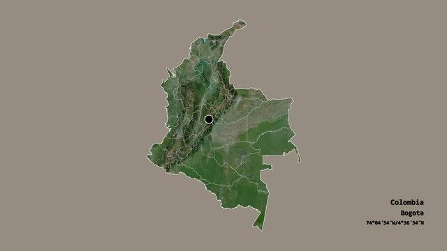 Arauca, intendancy of Colombia, with its capital, localized, outlined and zoomed with informative overlays on a satellite map in the Stereographic projection. Animation 3D