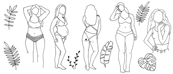 doodle style vector illustration, line drawing. silhouettes of different women in a bikini. young women with different figures in bathing suits, simple drawing. body positive, feminism, beach holiday