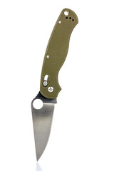 Folding pocket knife with open matte blade and textured dark green composite plastic cover plates on steel handle isolated on white background. Pocket knife close-up image