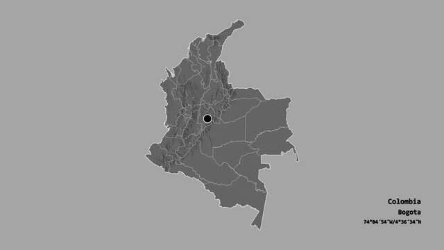 Boyac&aacute;, department of Colombia, with its capital, localized, outlined and zoomed with informative overlays on a bilevel map in the Stereographic projection. Animation 3D