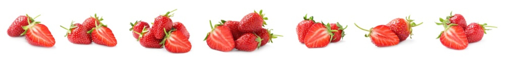 Set of delicious ripe strawberries on white background. Banner design