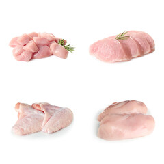 Set with raw chicken meat on white background
