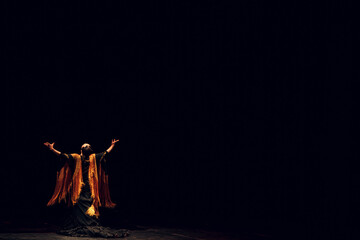 Flamenco dancer in traditional costume. Flamenco spanish dance on stage. Copy space - obrazy, fototapety, plakaty