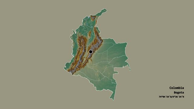 Boyac&aacute;, department of Colombia, with its capital, localized, outlined and zoomed with informative overlays on a relief map in the Stereographic projection. Animation 3D