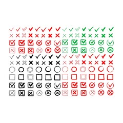 Set hand drawn check mark, tick and cross brush signs, checkmark OK and X icons, symbols YES and NO button, checkbox chalk icons, sketch checkmarks, checklist marks