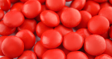 Many colorful candies as background, top view. Banner design