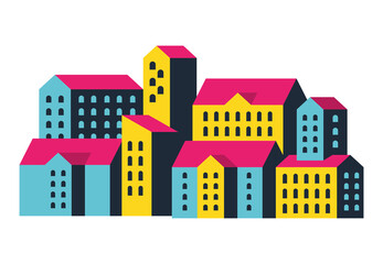 Yellow blue and pink city buildings design, Abstract geometric architecture and urban theme illustration