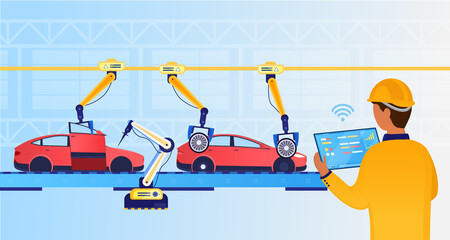 An engineer at a futuristic factory sets up an assembly line using a tablet. Automotive line. Industry technology concept. Car production. Industry 4.0. Production automation. Flat Vector Illustration