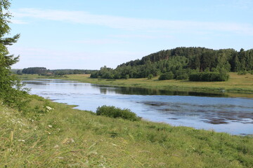 Fototapeta na wymiar In the summer, a river overgrown with grass in the village