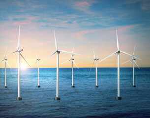 Floating wind turbines installed in sea. Alternative energy source