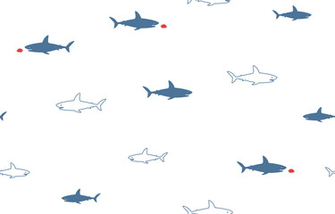 Cartoon shark eating a fish seamless pattern. Vector illustration on with background.	