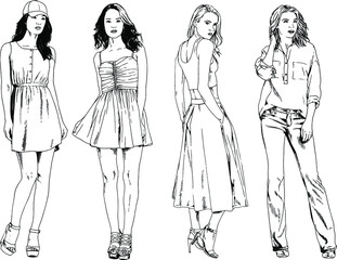 vector drawings on the theme of beautiful slim sporty girl in casual clothes in various poses painted ink hand sketch with no background