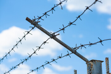 Barbed wire on an old steel fence close up abstract background.