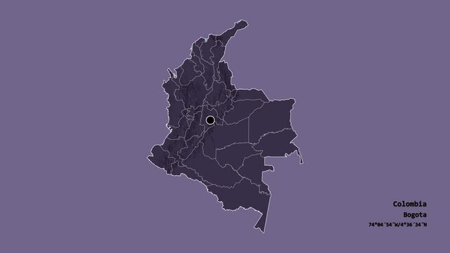 Choc&oacute;, department of Colombia, with its capital, localized, outlined and zoomed with informative overlays on a administrative map in the Stereographic projection. Animation 3D