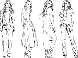 vector drawings on the theme of beautiful slim sporty girl in casual clothes in various poses painted ink hand sketch with no background