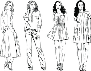 vector drawings on the theme of beautiful slim sporty girl in casual clothes in various poses painted ink hand sketch with no background