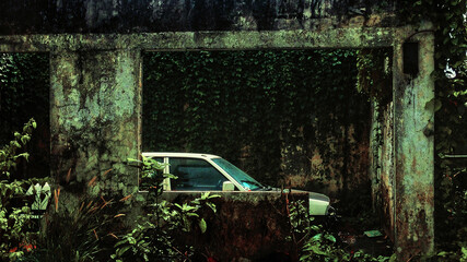 Car is in an old building with green leaf moss