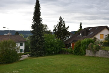 Typical family houses in Switzerland countryside and villages in canton Zurich with gardens full of green vegetables and fruit trees during summer early evening under overcast sky