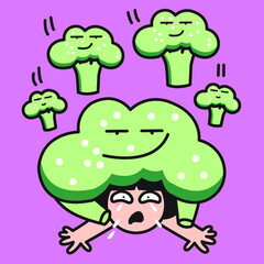 Cheeky Broccoli Keep Falling On A Veggie Hater Girl Concept Card Character illustration