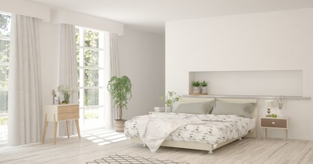 White bedroom interior. Scandinavian design. 3D illustration