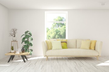 White living room with sofa and summer landscape in window. Scandinavian interior design. 3D illustration