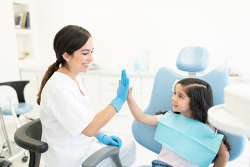 Fototapeta na wymiar Smiling Dentist And Patient High-Fiving