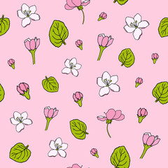 Flowers flat vector seamless pattern. Floral pink background. Green leaf and apple bright color spring flower cartoon wrapping paper, print elements, fabric, wallpaper design
