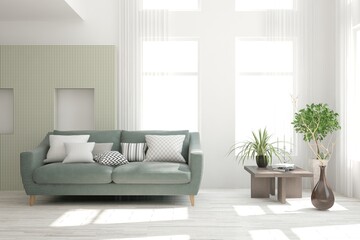 White living room with sofa. Scandinavian interior design. 3D illustration