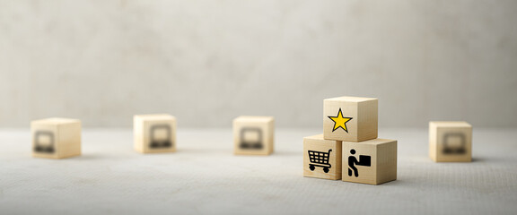 cubes with shopping icons on concrete background and paper floor