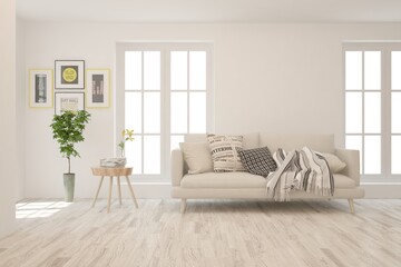 White living room with sofa. Scandinavian interior design. 3D illustration