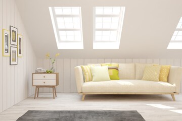 White living room with sofa. Scandinavian interior design. 3D illustration