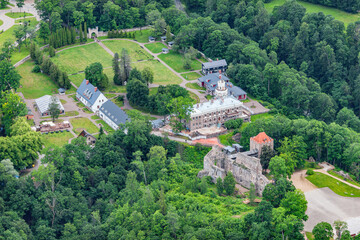 Fototapeta na wymiar aerial view over the Sigulda city and Turaida medieval castle