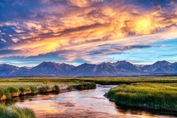 Owens River Amazing Sunset Landscape - Mammoth Lakes, California, United States of America - Powered by Adobe